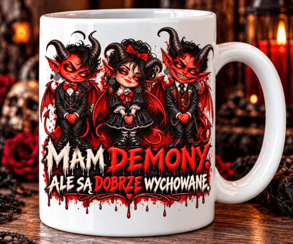 kubek z nadrukiem 3 małych diabłów, z napisem mam demony ale są dobrze wychowane