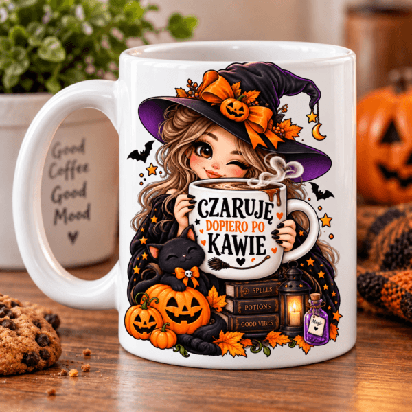 kubek z nadrukiem na halloween, czaruje dopiero po kawie kobiera przebrana za wiedźme