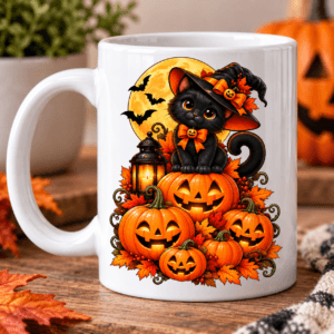 kubek z nadrukiem na halloween, czarny kot siedzący na dyniach