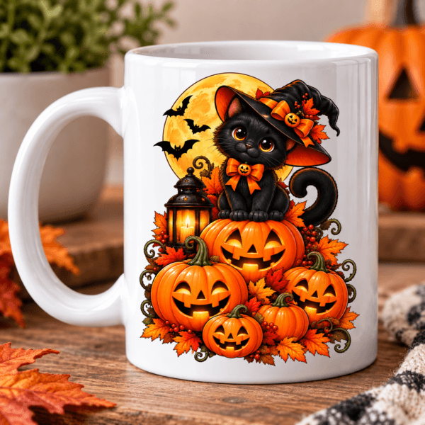 kubek z nadrukiem na halloween, czarny kot siedzący na dyniach