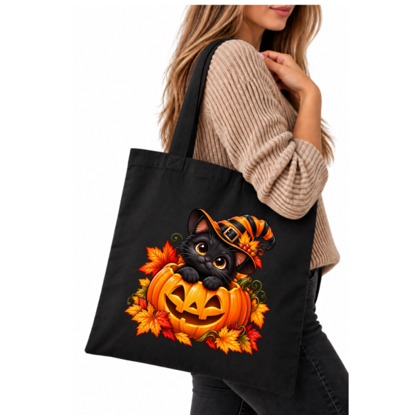 Torba Bawełniana Czarna Halloween Czarny Kot Dynia Wiedźma