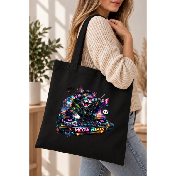 Torba Bawełniana Czarna z Nadrukiem Kot DJ Meow Beats