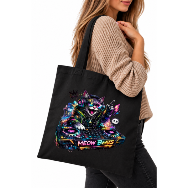 Torba Bawełniana Czarna z Nadrukiem Kot DJ Meow Beats