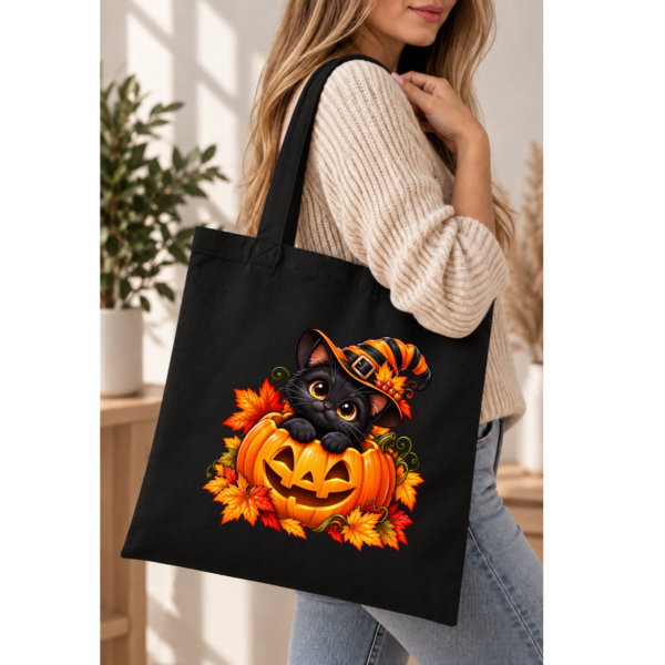 Torba Bawełniana Czarna Halloween Czarny Kot Dynia Wiedźma