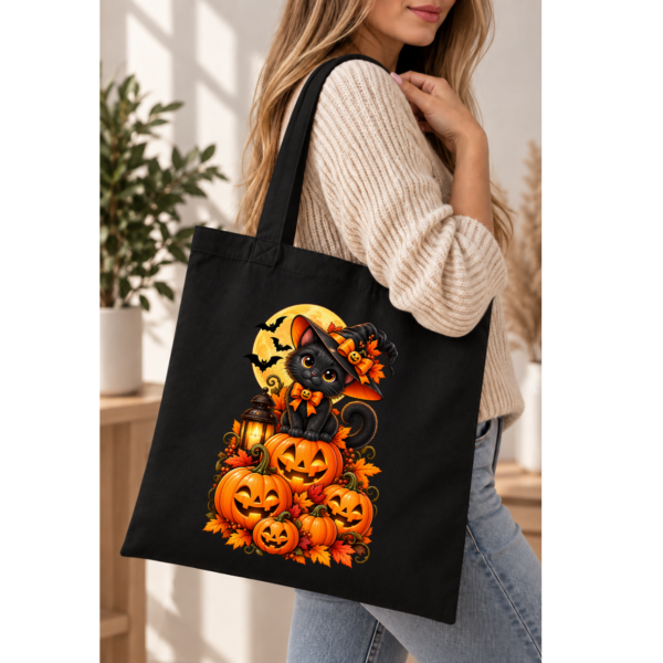 Torba Bawełniana Czarna Halloween Kot Czarownica Dynie