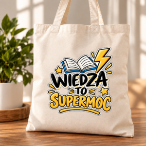 torba bawełniana z dnem beżowa z napdrukiem wiedza to supermoc z książką