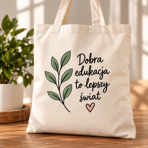 torba bawełniana z dnem beżowa z napisem Dobra edukacja to lepszy świat