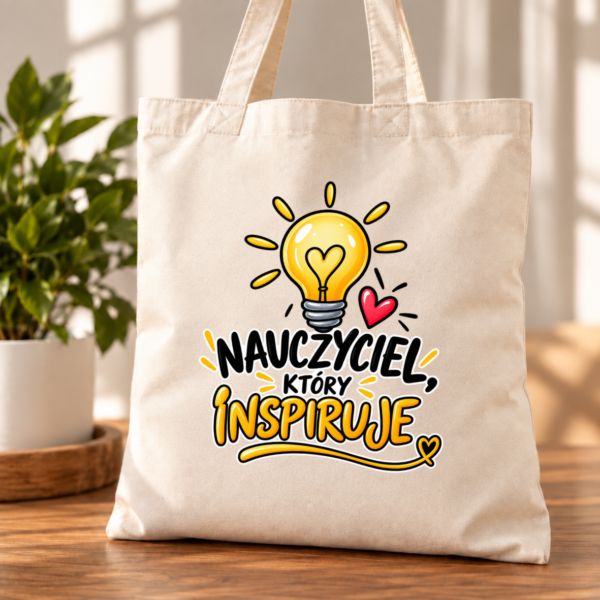 c5 torba bawełniana z dnem beżowa z napisem nauczyciel który inspiruje z żarówką