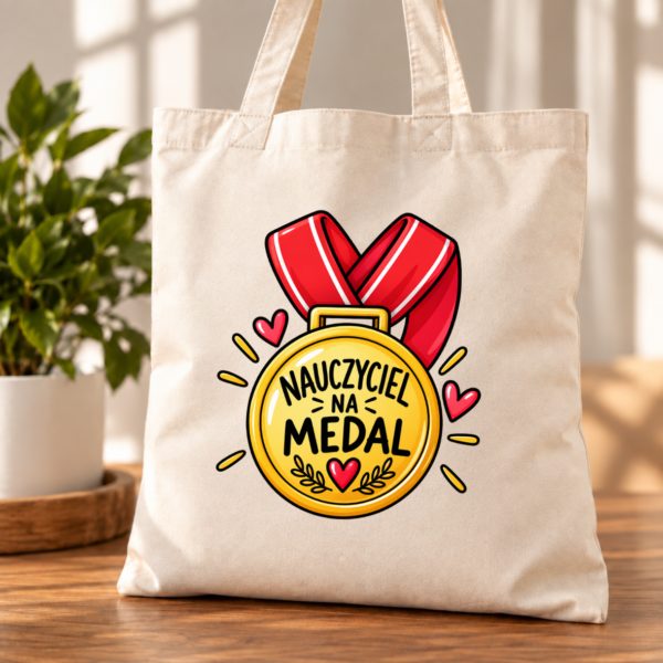 torba bawełniana z dnem z napisem nauczyciel na medal