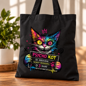 torba bawełniana czarna z nadrukiem kolorowego psyho kota