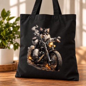 torba bawełniana czarna z nadrukiem kota motocyklisty