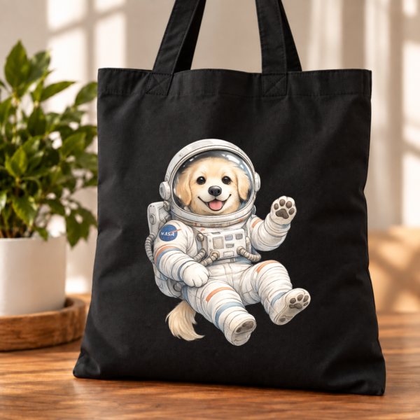torba bawełniana czarna z nadrukiem małego psa astronauty