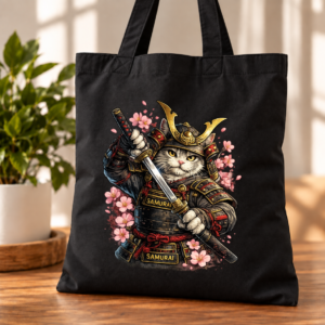 Torba Bawełniana Czarna z Nadrukiem Kot Samuraj Japonia