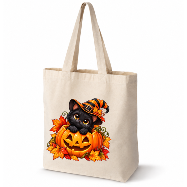 żc Torba Bawełniana na Ramię z Dnem Czarny Kot Dynia Halloween