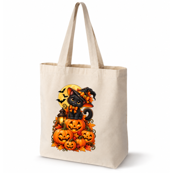 Torba Bawełniana na Ramię z Dnem Czarny Kot Dynie Halloween