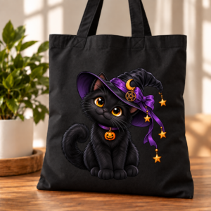 Torba Bawełniana Czarna Halloween Czarny Kot Czarownica