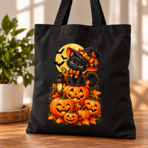 Torba Bawełniana Czarna Halloween Kot Czarownica Dynie