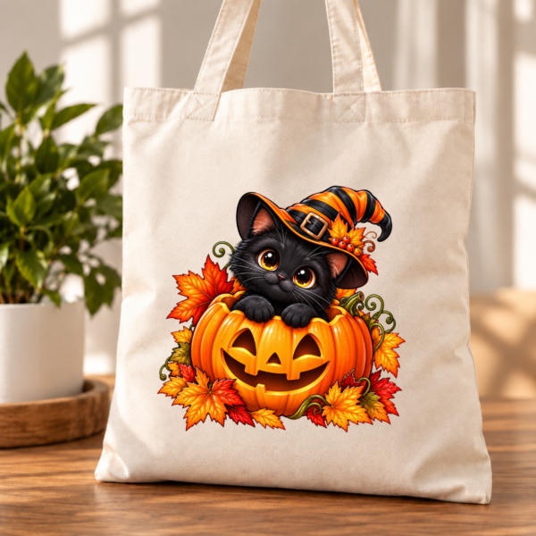 zw torba bawełniana z dnem beżowa z nadrukiem czarnego kota w dyni halloween