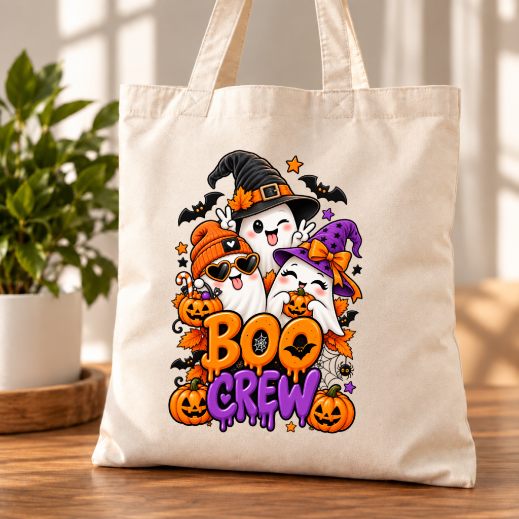 Kubeczkolandia-strona główna torba bawełniana EKO z dnem beżowa z nadrukiem 3 duszków w stylu halloween i napis boo crew
