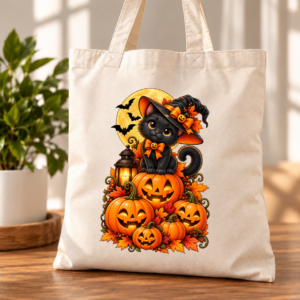 torba bawełniana z dnem z nadrukiem kota w dyniach halloween