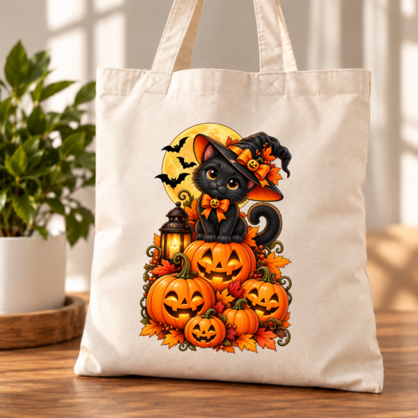 torba bawełniana z dnem z nadrukiem kota w dyniach halloween